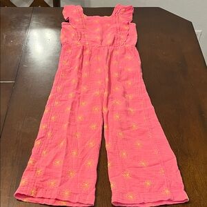 Pink Kids Jumpsuit with Yellow Embroidery Flowers Patterns